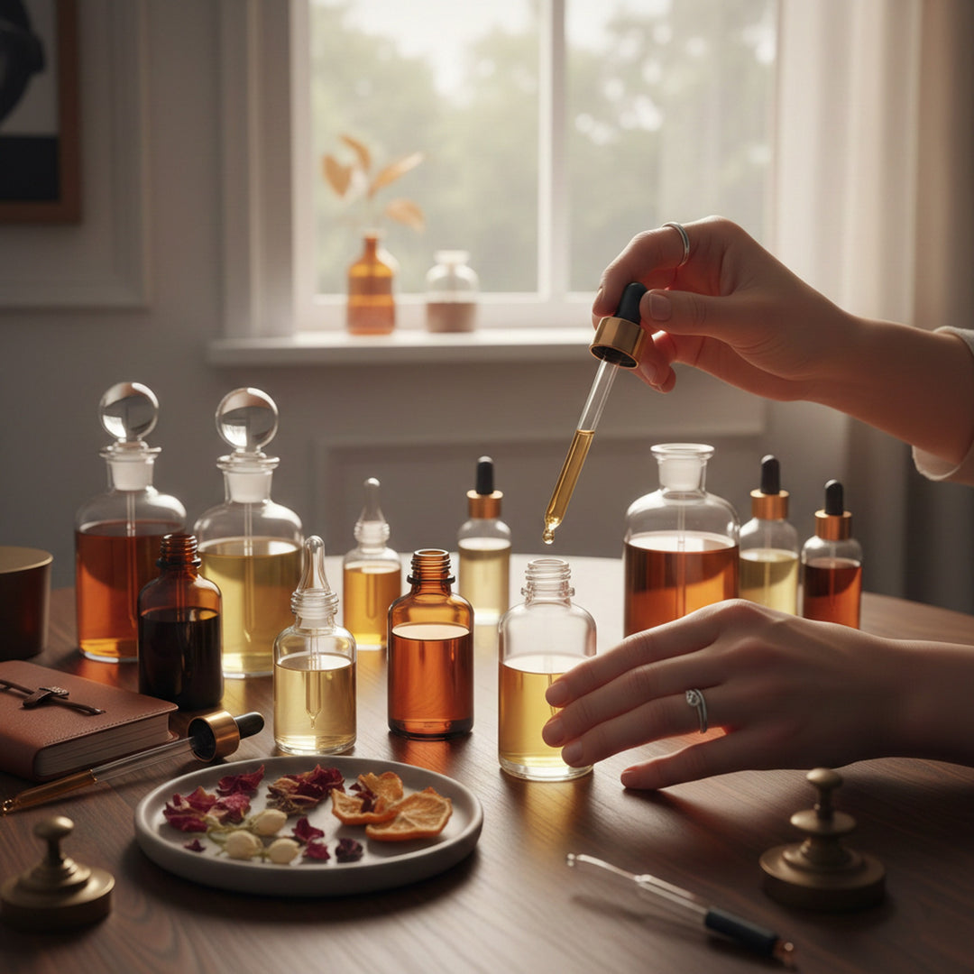 Person using a dropper to extract liquid from a bottle on a table with various bottles and a cross.