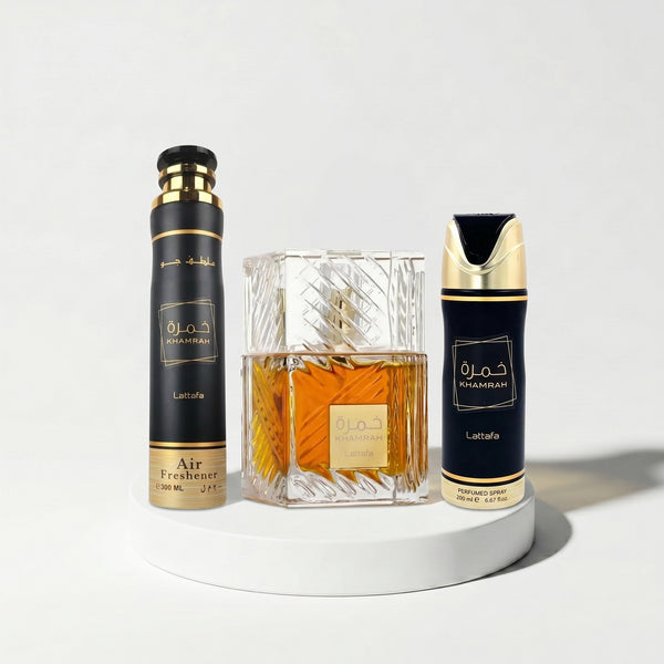 Lattafa Khamrah Unisex Giftset EDP 100ml + Deodorant 200ml + Air Freshener 300ml