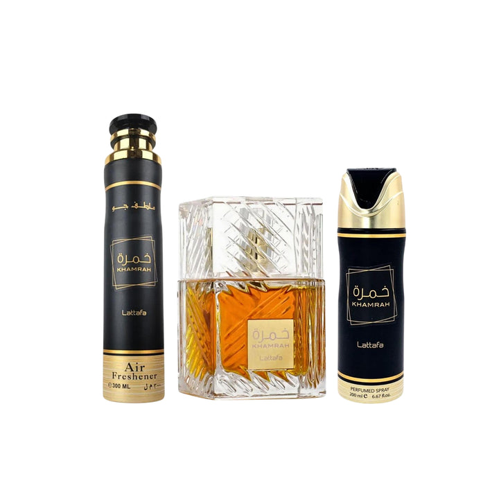Lattafa Khamrah Unisex Giftset EDP 100ml + Deodorant 200ml + Air Freshener 300ml