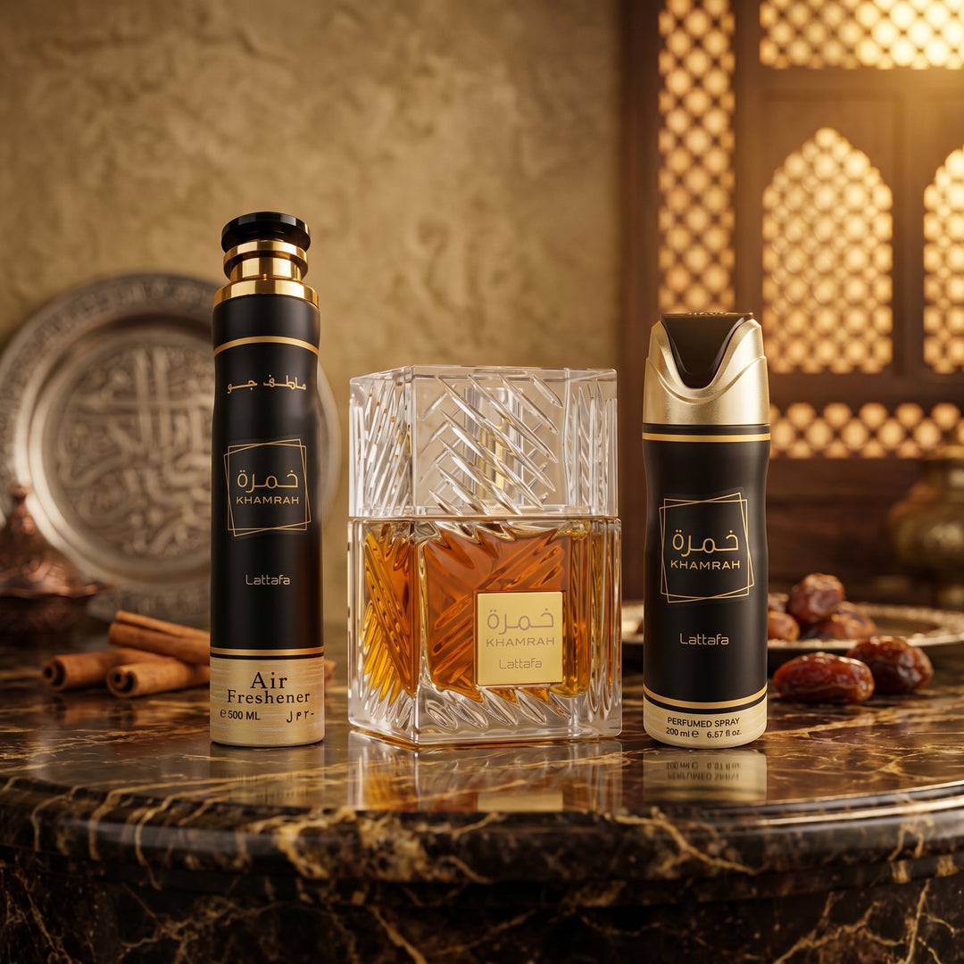 Lattafa Khamrah Unisex Giftset EDP 100ml + Deodorant 200ml + Air Freshener 300ml
