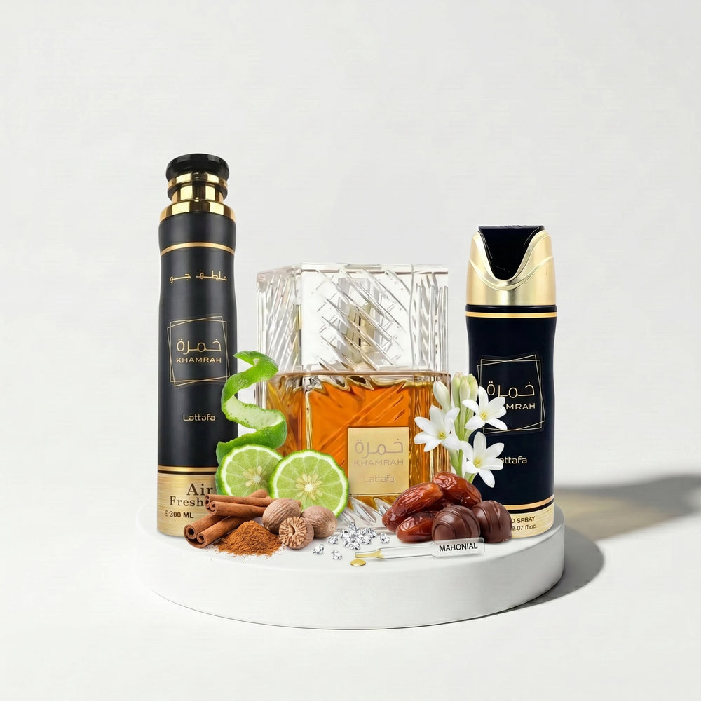 Lattafa Khamrah Unisex Giftset EDP 100ml + Deodorant 200ml + Air Freshener 300ml