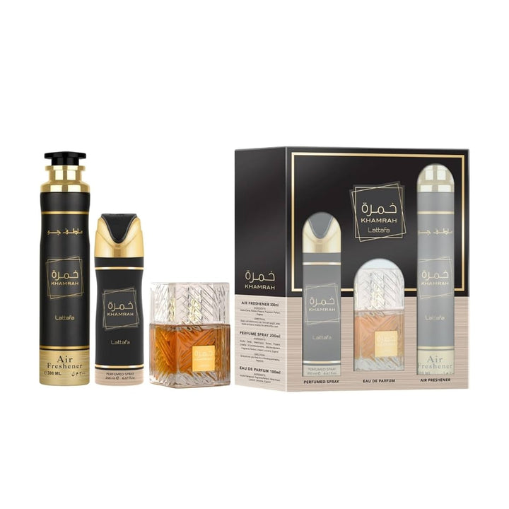 Lattafa Khamrah Unisex Giftset EDP 100ml + Deodorant 200ml + Air Freshener 300ml